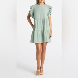 ENGLISH FACTORY Ruffled Detail Mini Dress in mint green. Size medium.